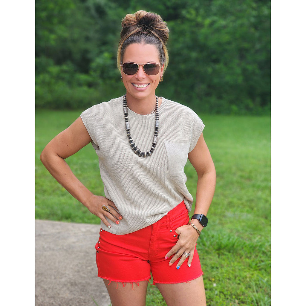 Khaki Knit Sleeveless Top, Knit material 