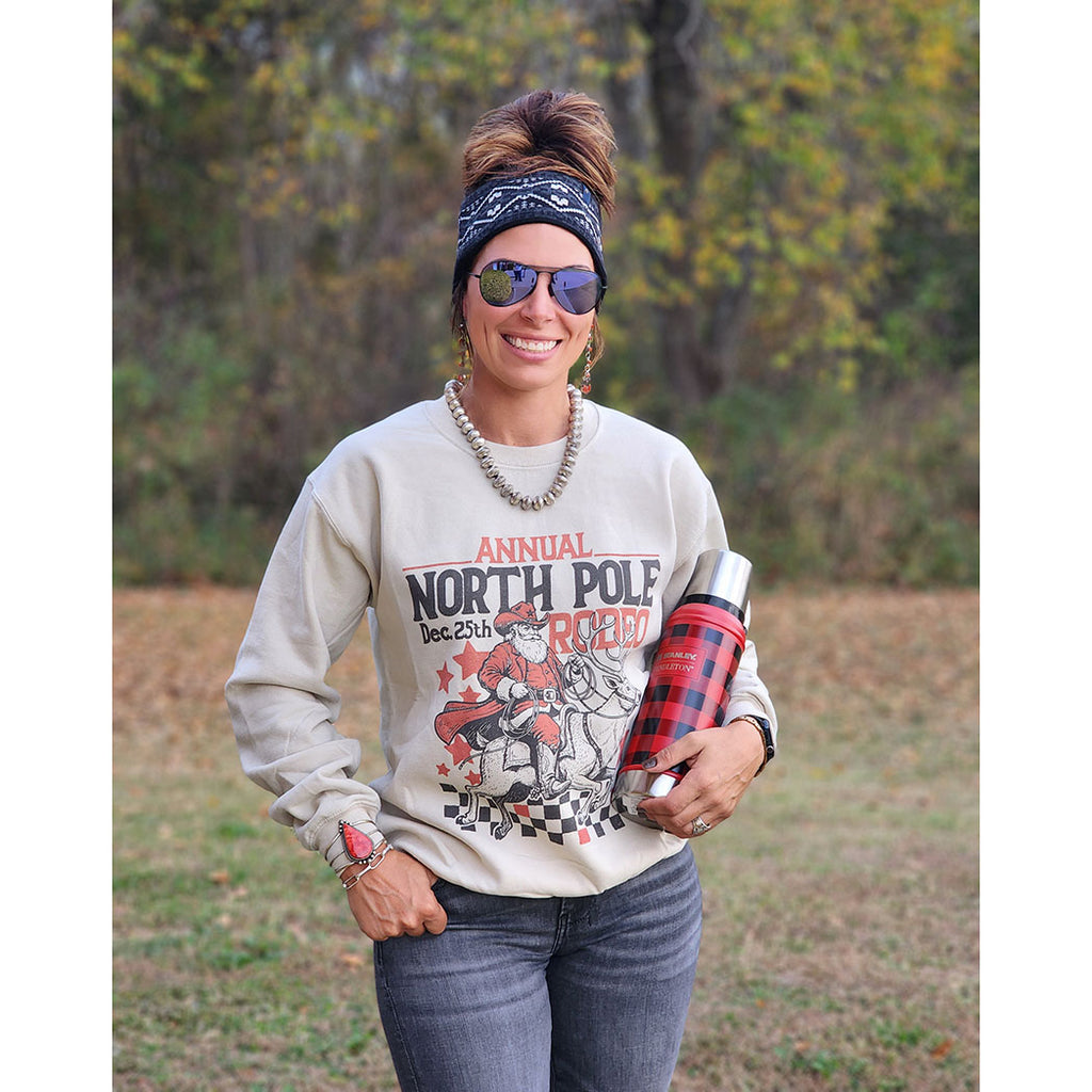 crew neck sweatshirt, north pole rodeo 