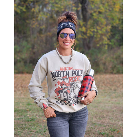 crew neck sweatshirt, north pole rodeo 