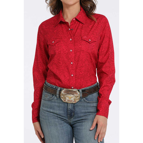 Women's Pink Paisley, Two Pocket, Red/White Pearl Snap, Button Down 