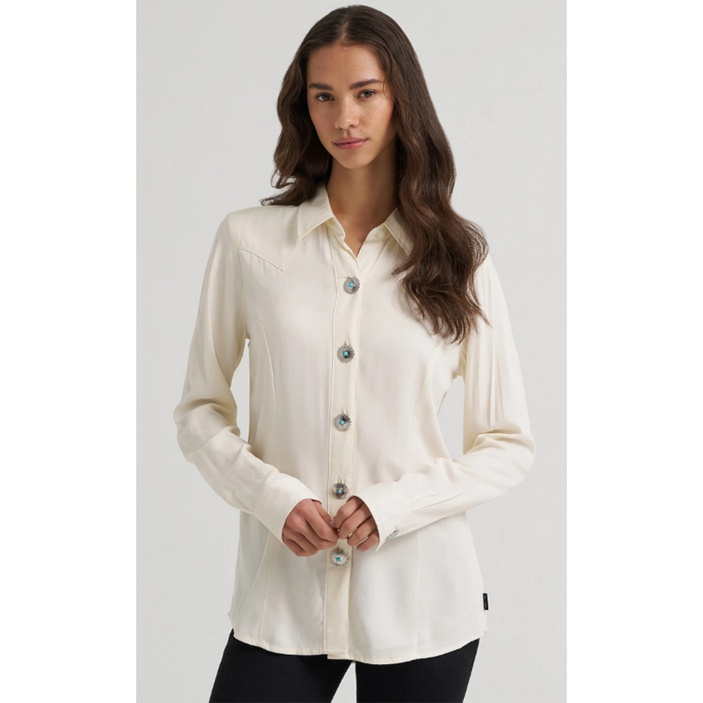 White Western Long sleeve, western yokes, concho buttons 