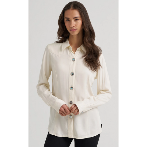 White Western Long sleeve, western yokes, concho buttons 