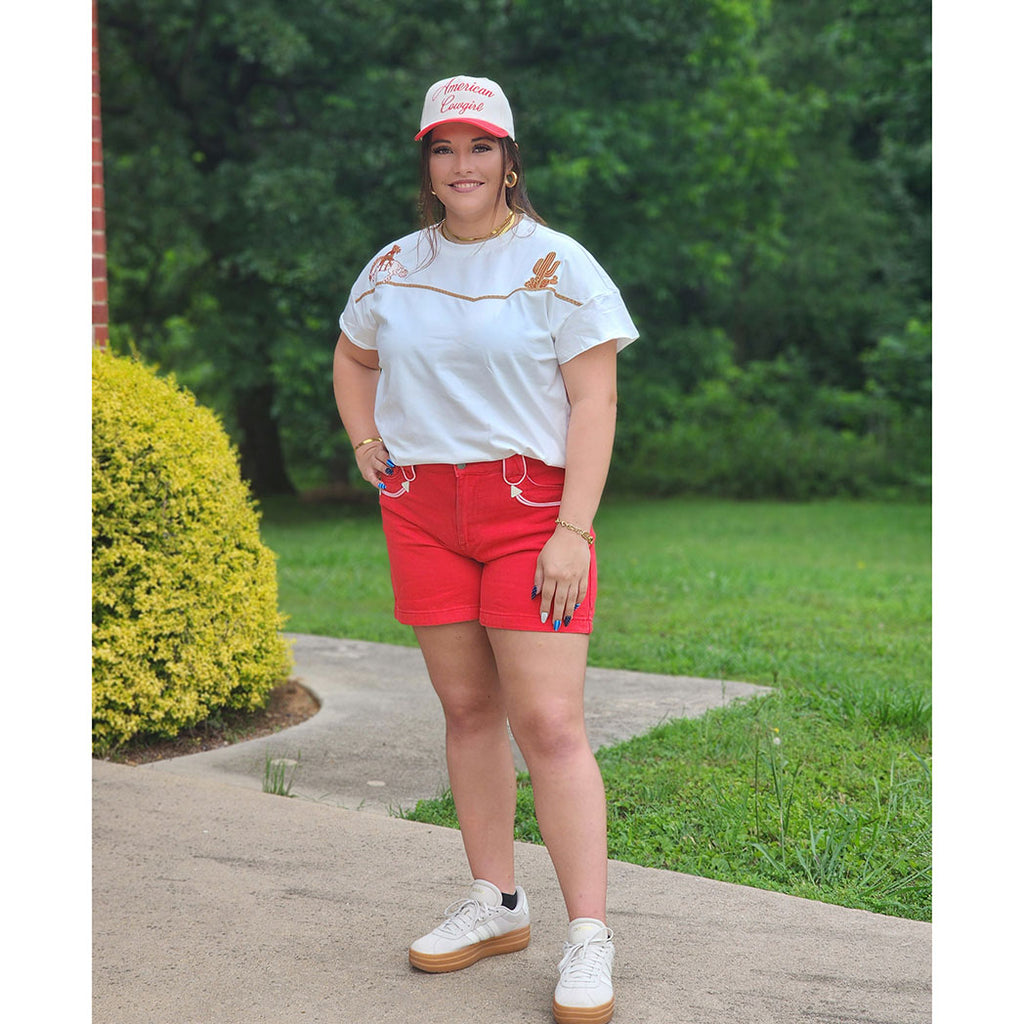 red denim arrow shorts 