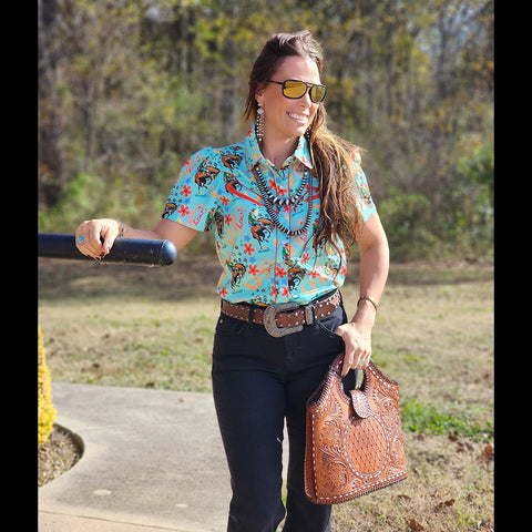 Pearl Snap, short sleeve, turquoise shirt yeehaw design 