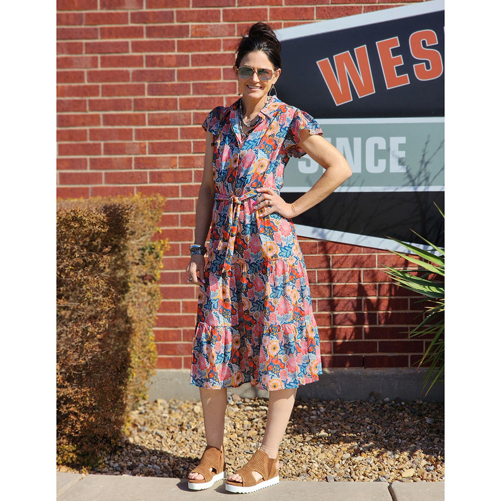 Floral Print, half button, Tie belt, Ruffle sleeves 