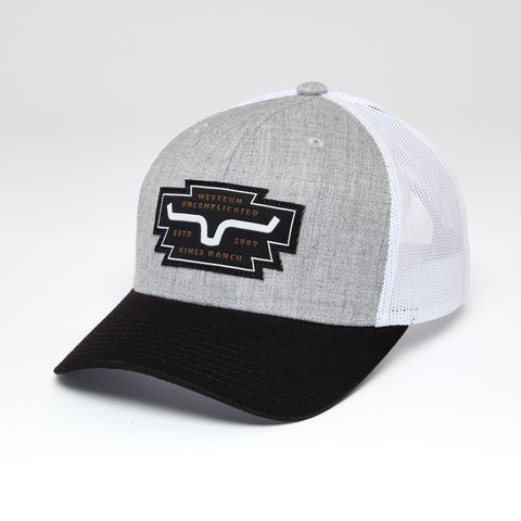 Kimes Ranch Grey Heather Woodland unisex hat with a structured crown, curved bill, adjustable snapback closure, and leather Kimes Ranch logo patch.