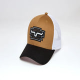 Kimes Ranch Woodland unisex hat with a structured crown, curved bill, adjustable snapback closure, and leather Kimes Ranch logo patch.