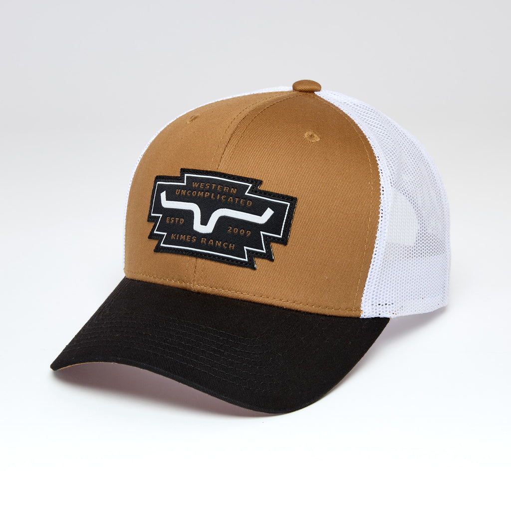 Kimes Ranch Brown Woodland unisex hat with a structured crown, curved bill, adjustable snapback closure, and leather Kimes Ranch logo patch.