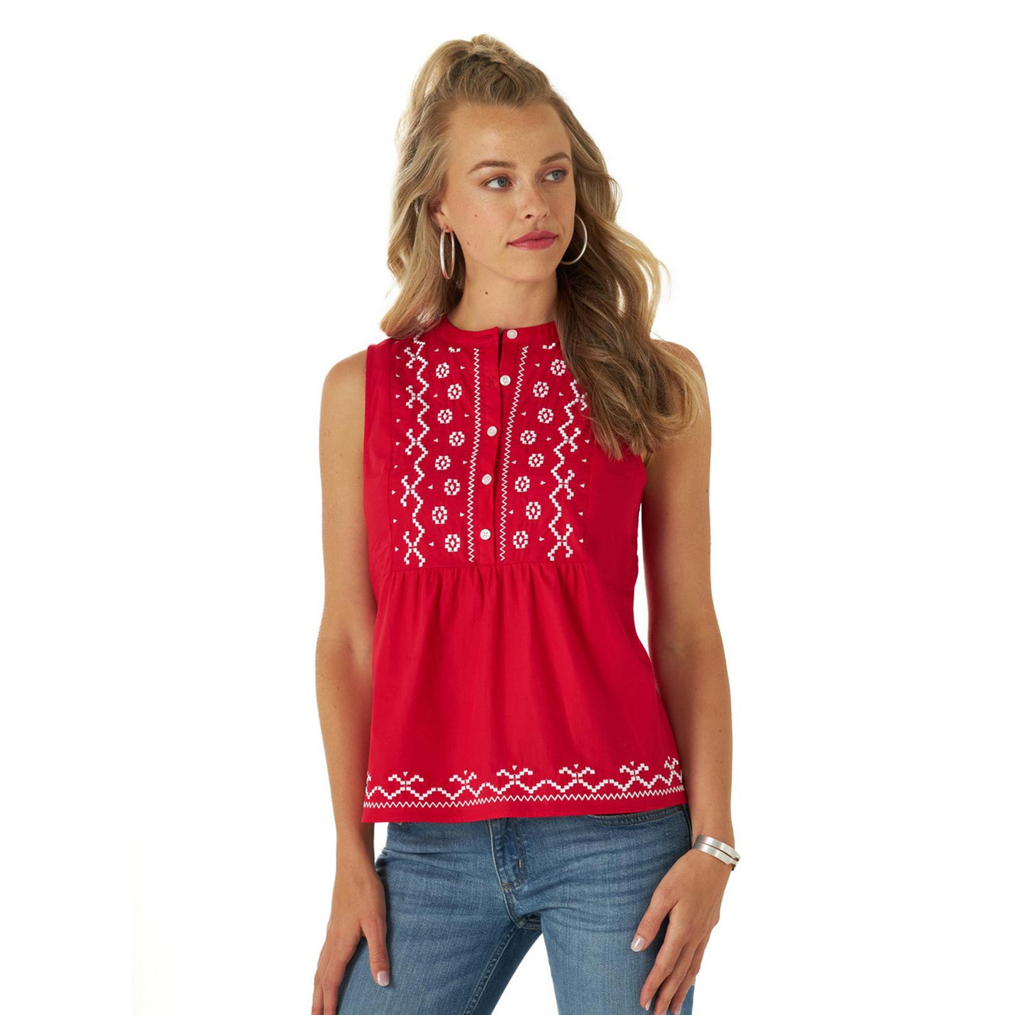 Wrangler Red and White Aztec Embroidered Sleeveless Tank Top – Western  Edge, Ltd.