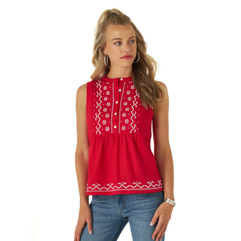 Wrangler Red and White Aztec Embroidered Sleeveless Tank Top