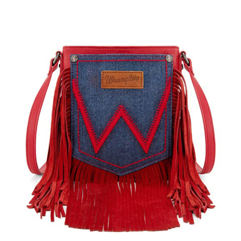 Wrangler Red Leather Fringe Denim Purse
