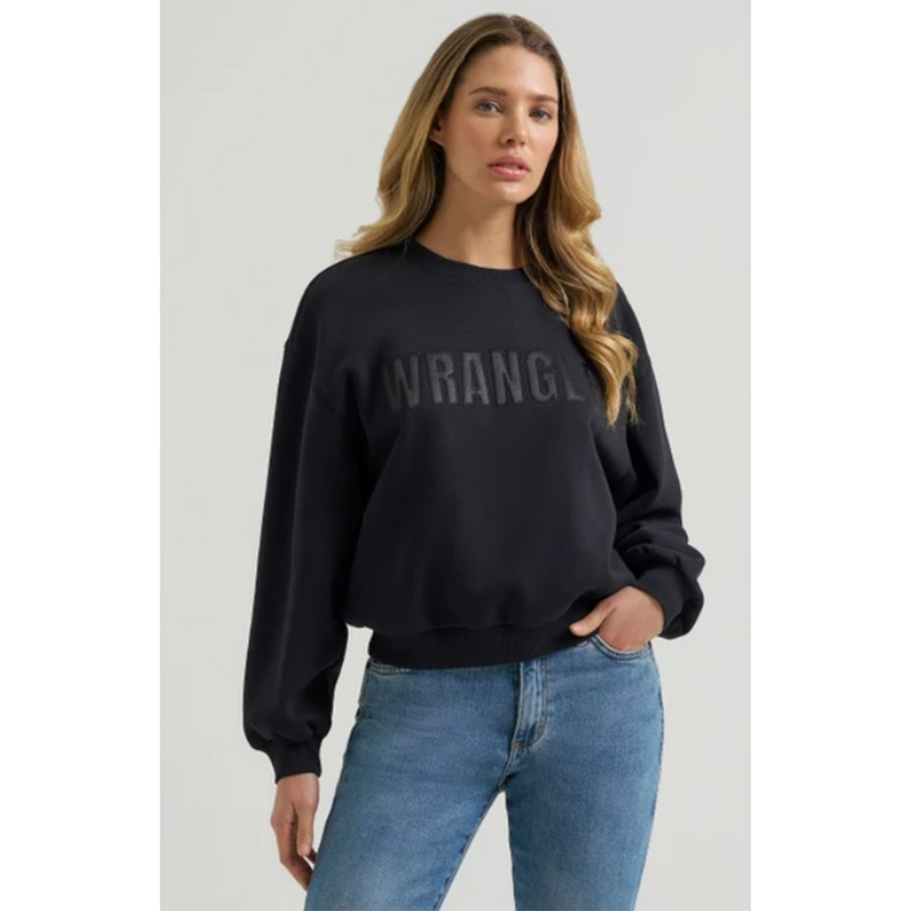 Black Beauty crew neck sweater, wrangler across chest 
