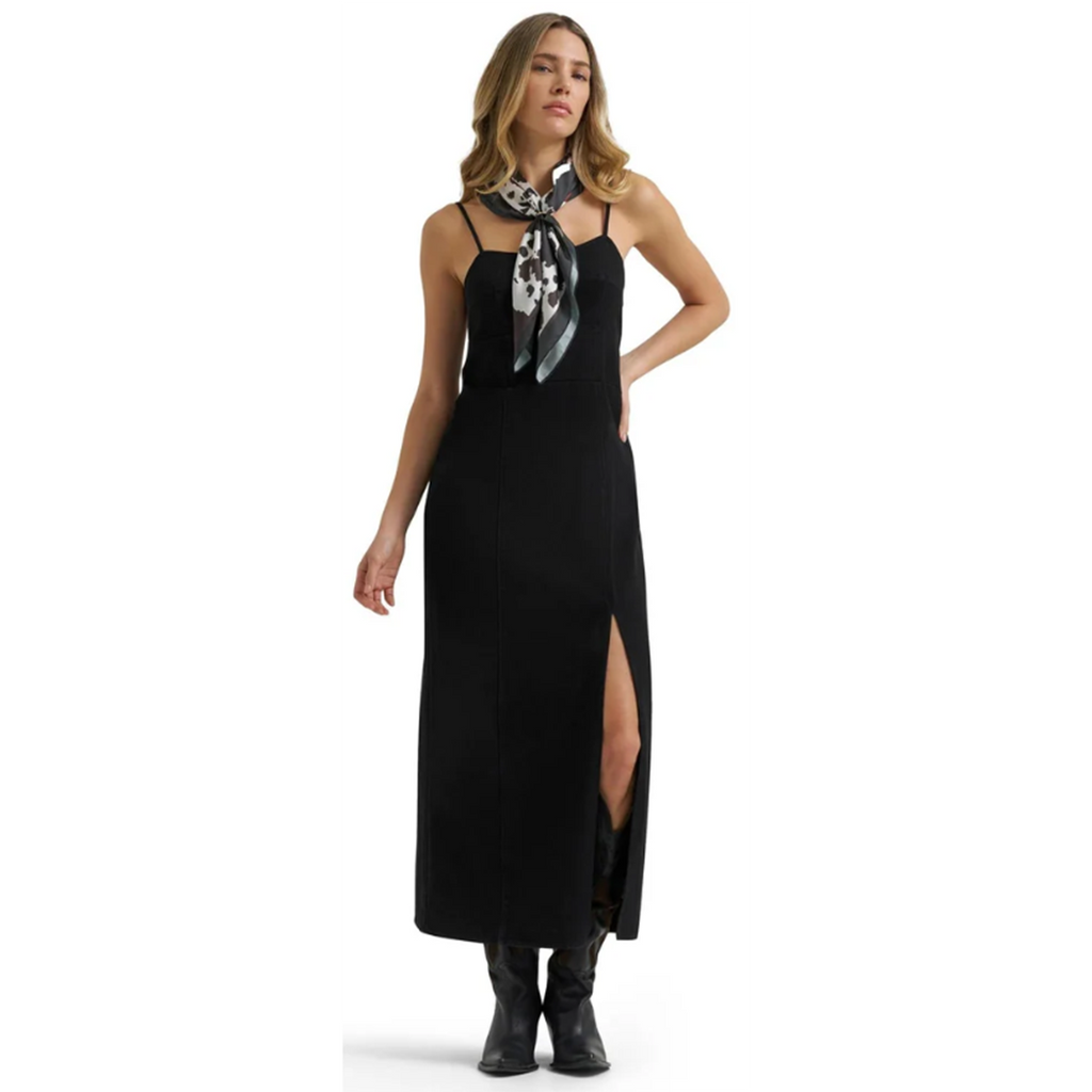 Black, maxi length, spaghetti straps, slit from hem  