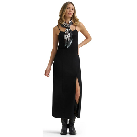 Black, maxi length, spaghetti straps, slit from hem  
