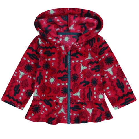 Western print full zip, hood with ruffle hem at bottom of coat  