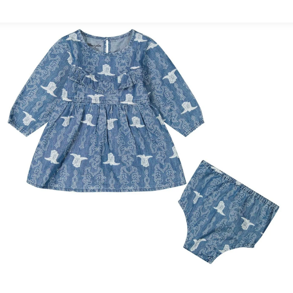 Denim dress with boot design and a matching diaper cover 