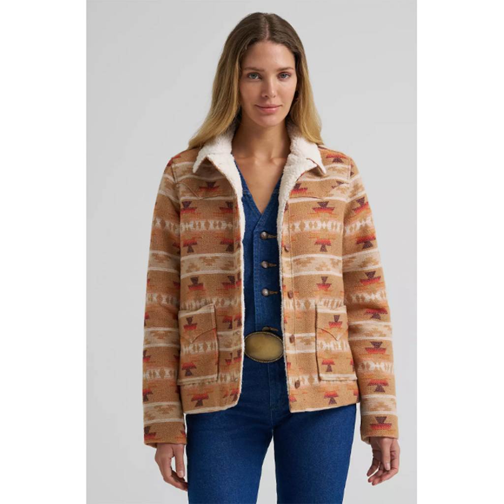 Tan Jaquard coat, sherpa inside, bottom front pockets, button closure 