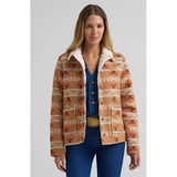 Tan Jaquard coat, sherpa inside, bottom front pockets, button closure 