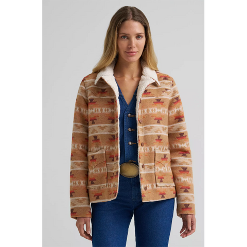 Tan Jaquard coat, sherpa inside, bottom front pockets, button closure 