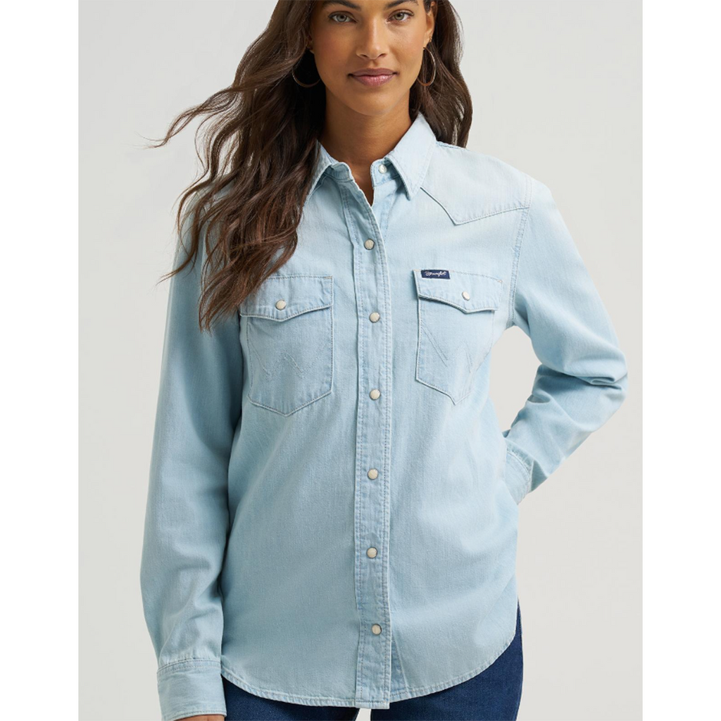 Long Sleeve denim, pearl snaps, yoke front , chest pockets on both sides 
