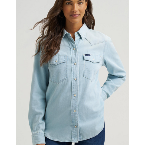 Long Sleeve denim, pearl snaps, yoke front , chest pockets on both sides 