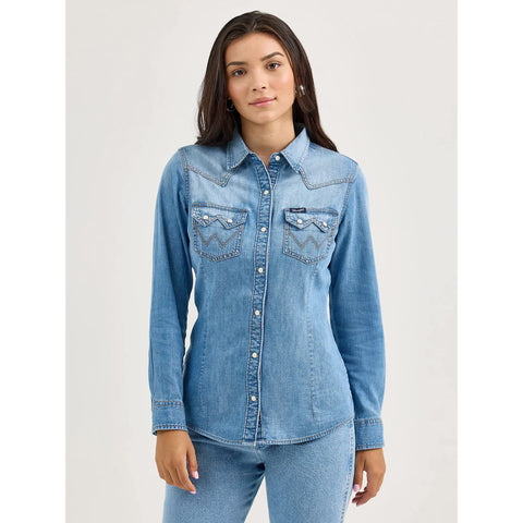 women's lightweight denim Cowboy shirt with white snap front