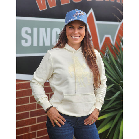 Cream hoodie with a bronc ride on the front, kangaroo pocket, hood 