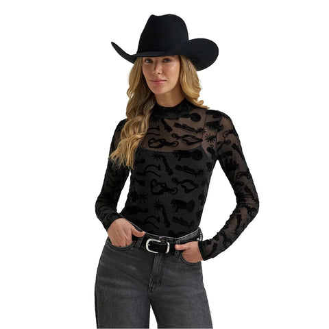 Wrangler Women's Punchy Mock Neck Black Knit Top- Front