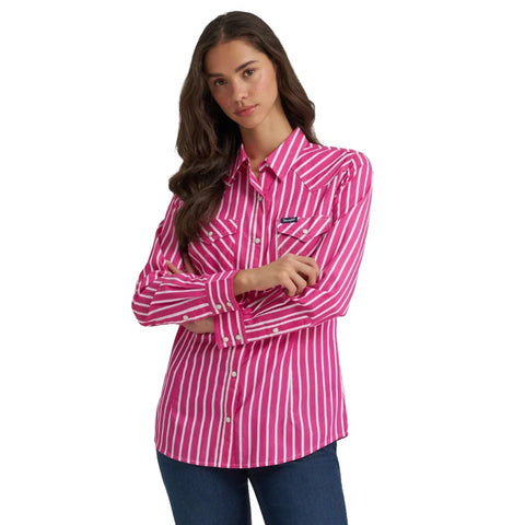 Wrangler Women's Retro Pink Striped Snap Western Shirt- Front