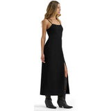 View of black maxi black dress, slit view as well 