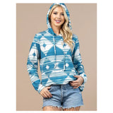 GEO PRINT ULTRA SOFT HACCI HOODIE IN TURQUOISE & WHITE -HOOD VIEW