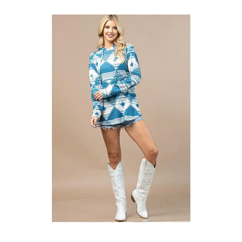 GEO PRINT ULTRA SOFT HACCI HOODIE IN TURQUOISE & WHITE
