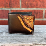 Floral corner with buck stitch trim bifold wallet.