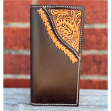 Floral corner with buck stitch trim rodeo wallet.