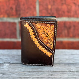 Floral corner with buck stitch trim tri fold wallet.