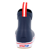 Back view of Kid’s Navy Ankle Deck Boot showing heel detail and sturdy sole on white background.