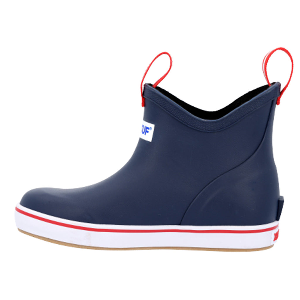 Kid’s Navy Ankle Deck Boot showing ankle‑height fit and rugged construction on white background.