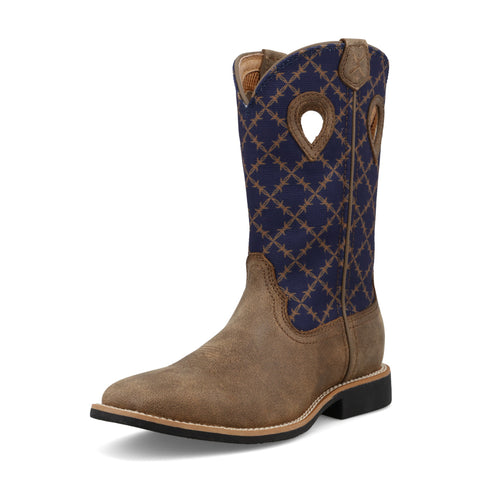 Side view of the Twisted X Kids Top Hand Boot in bomber brown and navy, showing the contrast leather, stitching detail, and square‑toe profile on a white background.