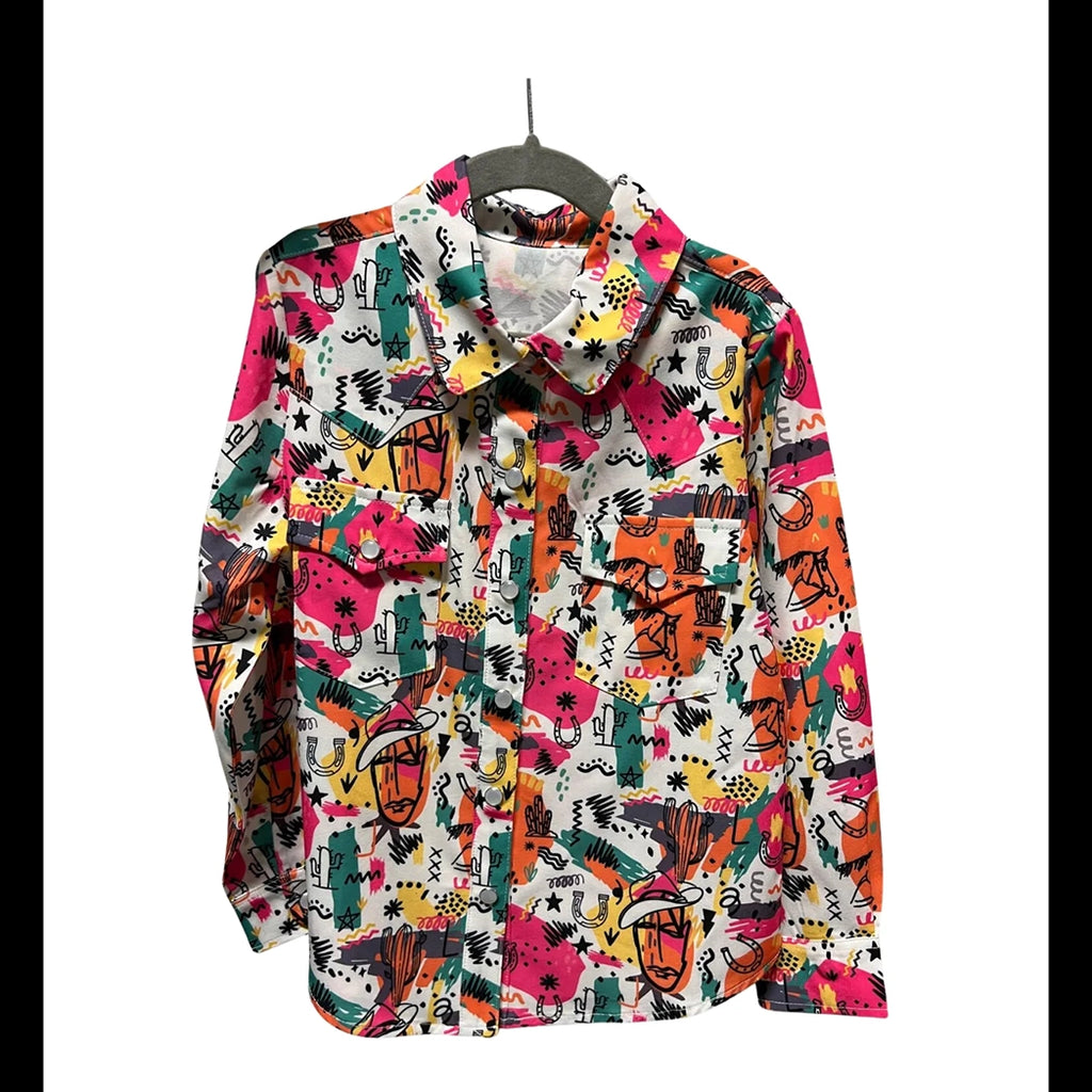 long sleeve, 80s print, pearl snaps