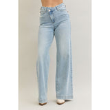 comfort-stretch light blue denim jeans with Criss cross high waist, wide leg and zip fly