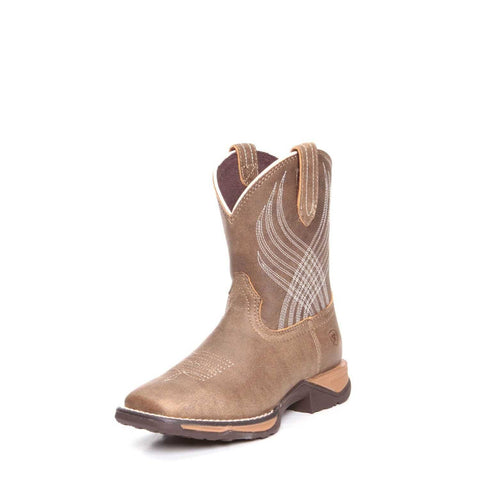 Front and side view of Ariat Youth Brown Bomber Anthem Square Toe Boots.