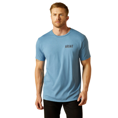 Ariat men's blue blazing saddles tee front with logo