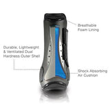 Equestrian protective boot with labeled features on a white background