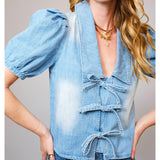Women's Denim Collar Tie Front Short Sleeve