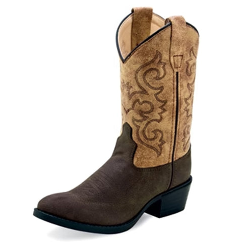 Front and side view of kids brown and beige boots. 