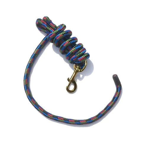 Flat lay view of 9 foot wine, blue, hunter green, and black lead rope. 