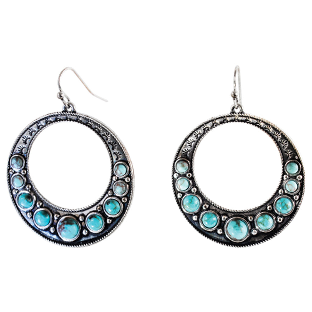 Full view of Justin Silver & Turquoise Dot Open Hoop Earrings 