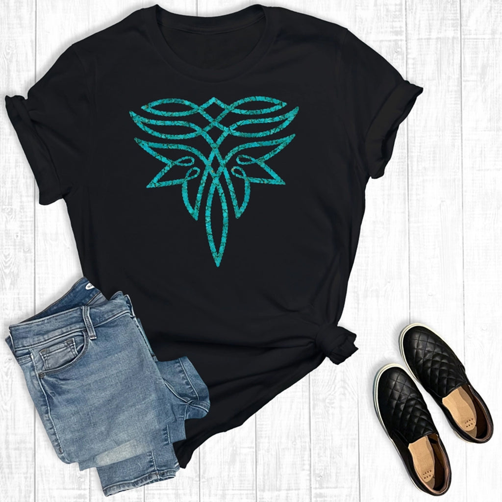 Flat lay of black and turquoise boot stitch t-shirt. 