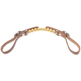Brown leather curb strap with gold beads on a white background