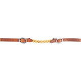 Brown leather curb strap with brass balls on a white background